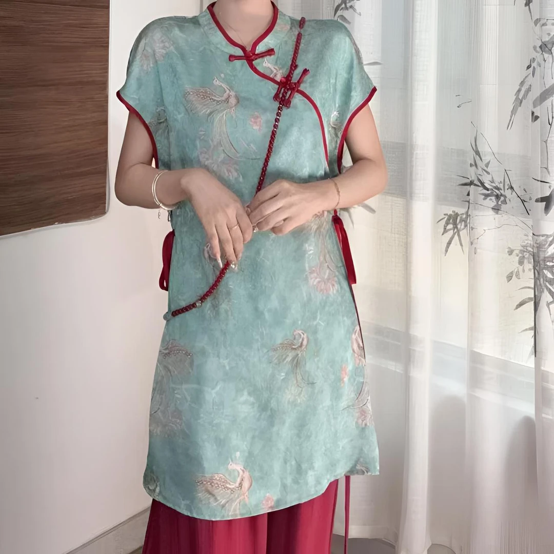 【花开凤舞】新中式旗袍短袖夏季新款国风奥黛女装旗袍上衣