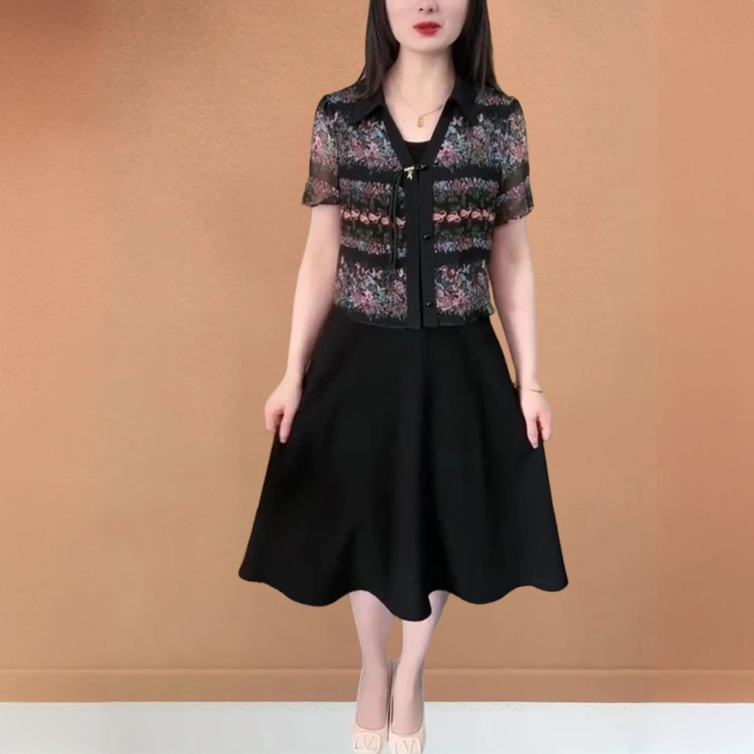 中年妈妈夏季假两件连衣裙女2055新款宽松显瘦遮肚减龄中长款裙子