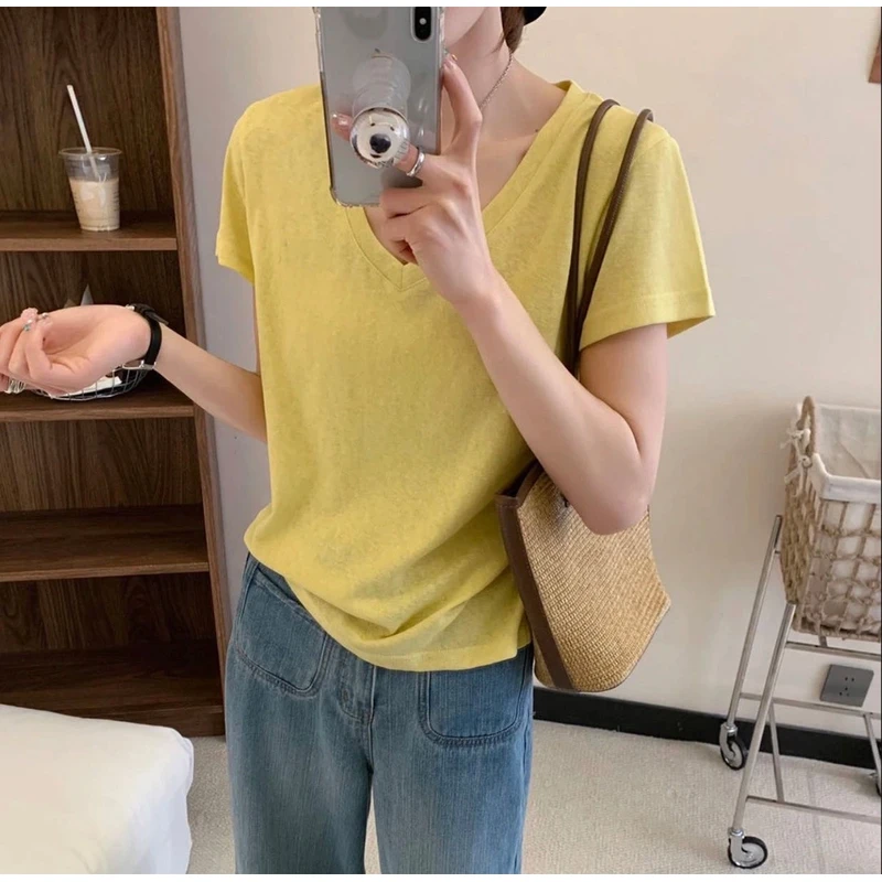 【七彩棉麻】夏季V领短袖T恤显瘦百搭设计感小众805