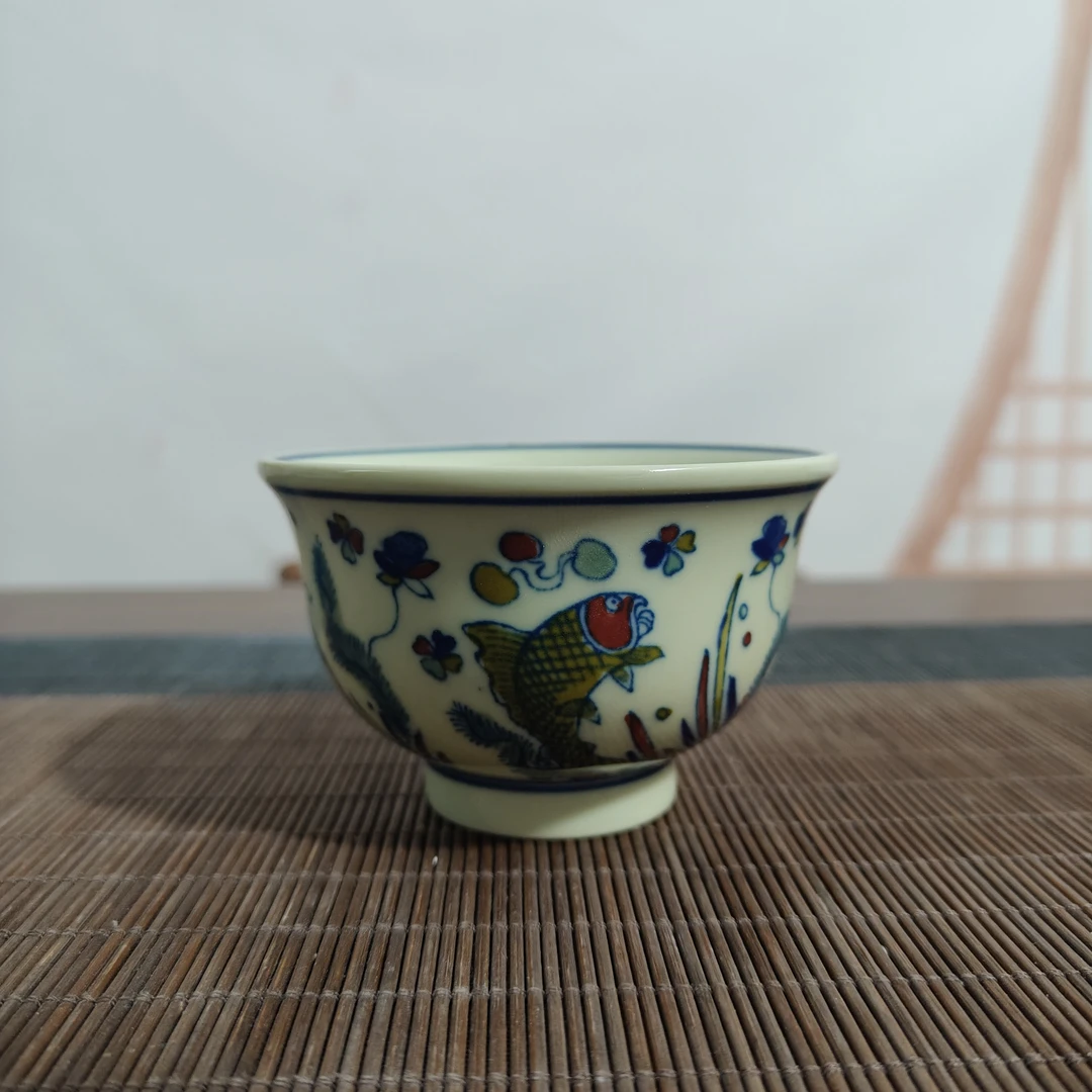 景德镇青花斗彩鱼藻纹主人杯柴窑手绘黄稀土单杯陶瓷茶杯