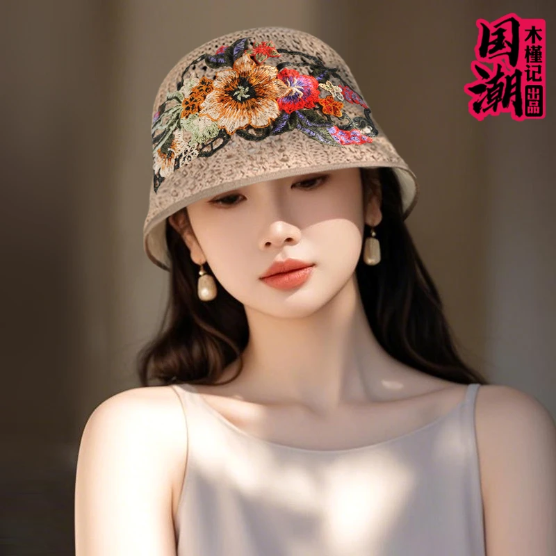 民族风刺绣花女编织镂空透气渔夫帽防晒遮阳盆帽夏季针织水桶帽子