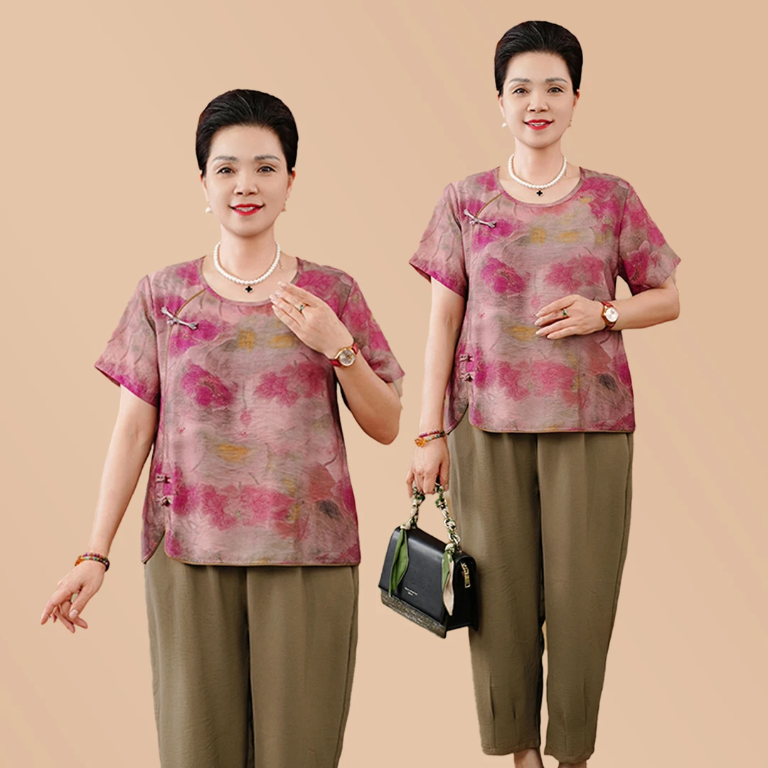 妈妈装夏季新中式圆领短袖九分裤中老年女装妈妈装加大码印花套装