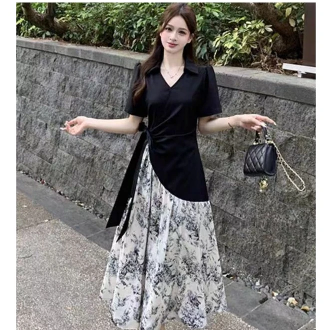 新中式不规则碎花短袖连衣裙微胖mm高级感国风气质优雅a字裙1772