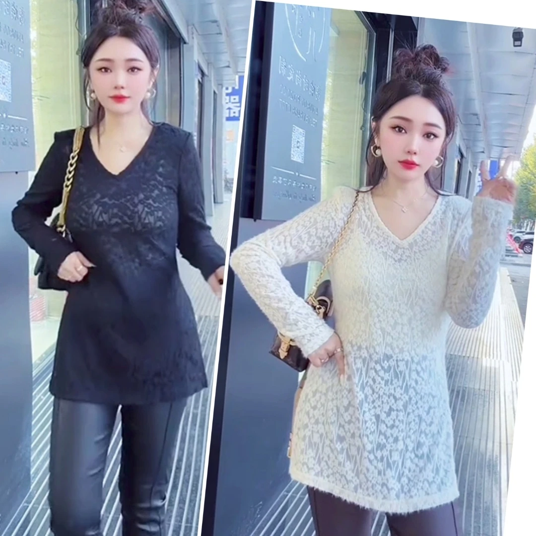 欧货蕾丝卫衣中长款打底设计计百搭洋气减龄圆领女款宽松上衣遮肉