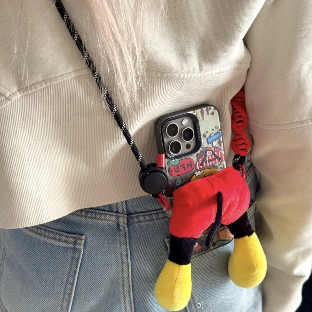 情侣可爱米奇老鼠手机壳背夹可调节挂绳斜挎可背毛绒公仔手机夹