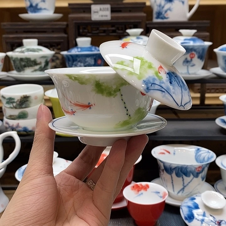 手绘五彩荷花悬停盖碗150cc釉下彩微瑕福利款