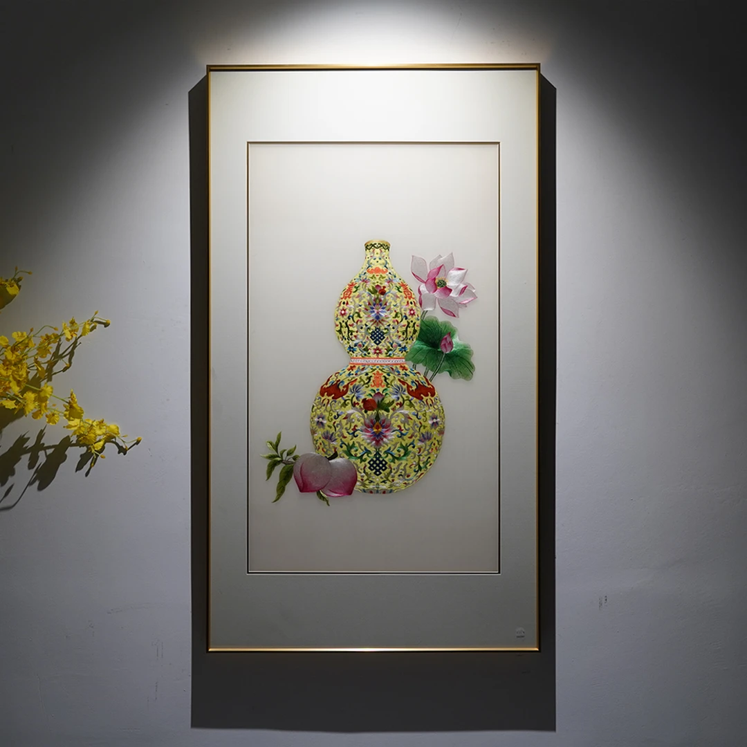 新中式刺绣实木框装饰画书房卧室客厅玄关非遗手工苏绣金葫芦挂画