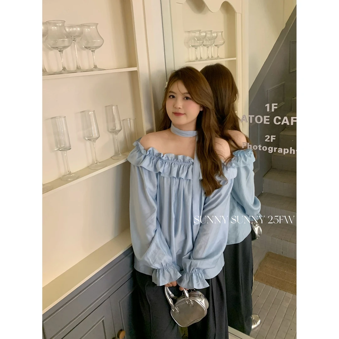 三点泥SUNNY【森野在椿】大码荷叶花边一字肩衬衫女胖mm遮肉小衫