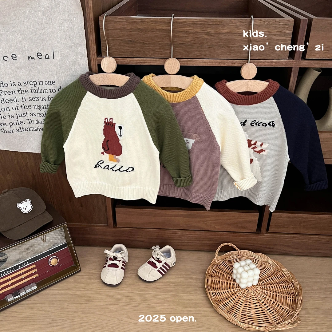 T25C27圆领卡通风上衣童装针织衫韩版毛衣洋气复古男童女童长袖