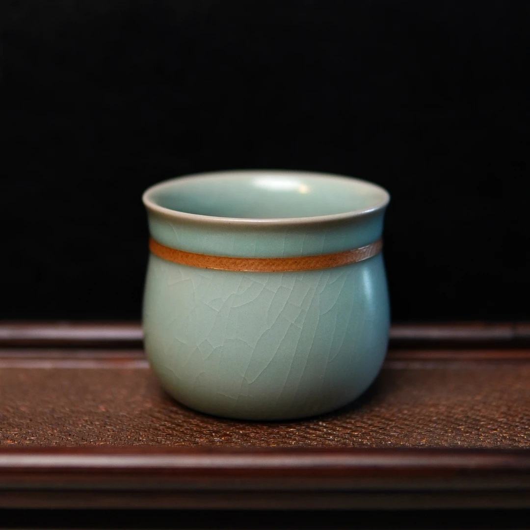 原产地原矿仿古釉汝瓷朱金奇老师纯手工跳刀钱袋杯高端品茗杯