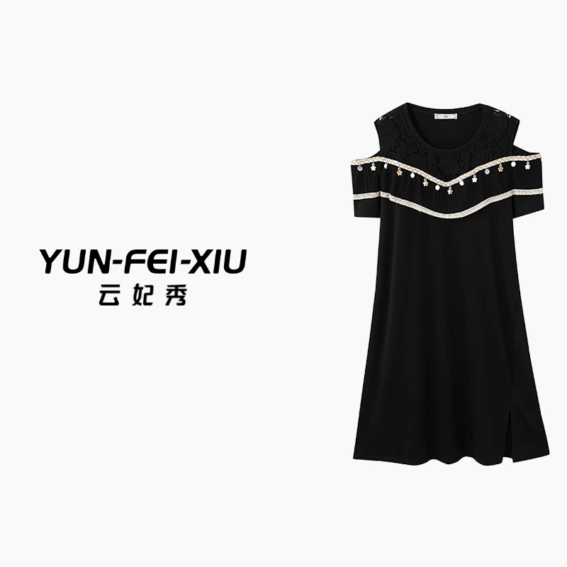 云妃秀大码女装连衣裙时尚休闲百搭拼接圆领胖妹妹显瘦气质夏8004