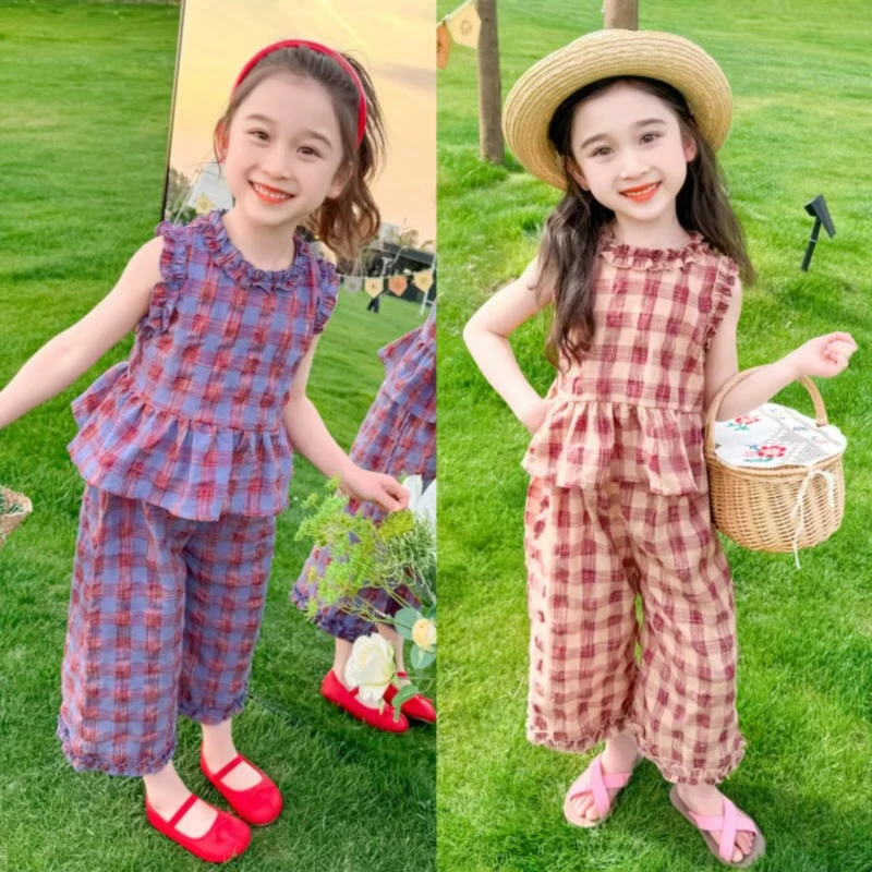 女宝宝无袖格子花边阔腿裤套装夏季2025新款小女孩薄款背心两件套