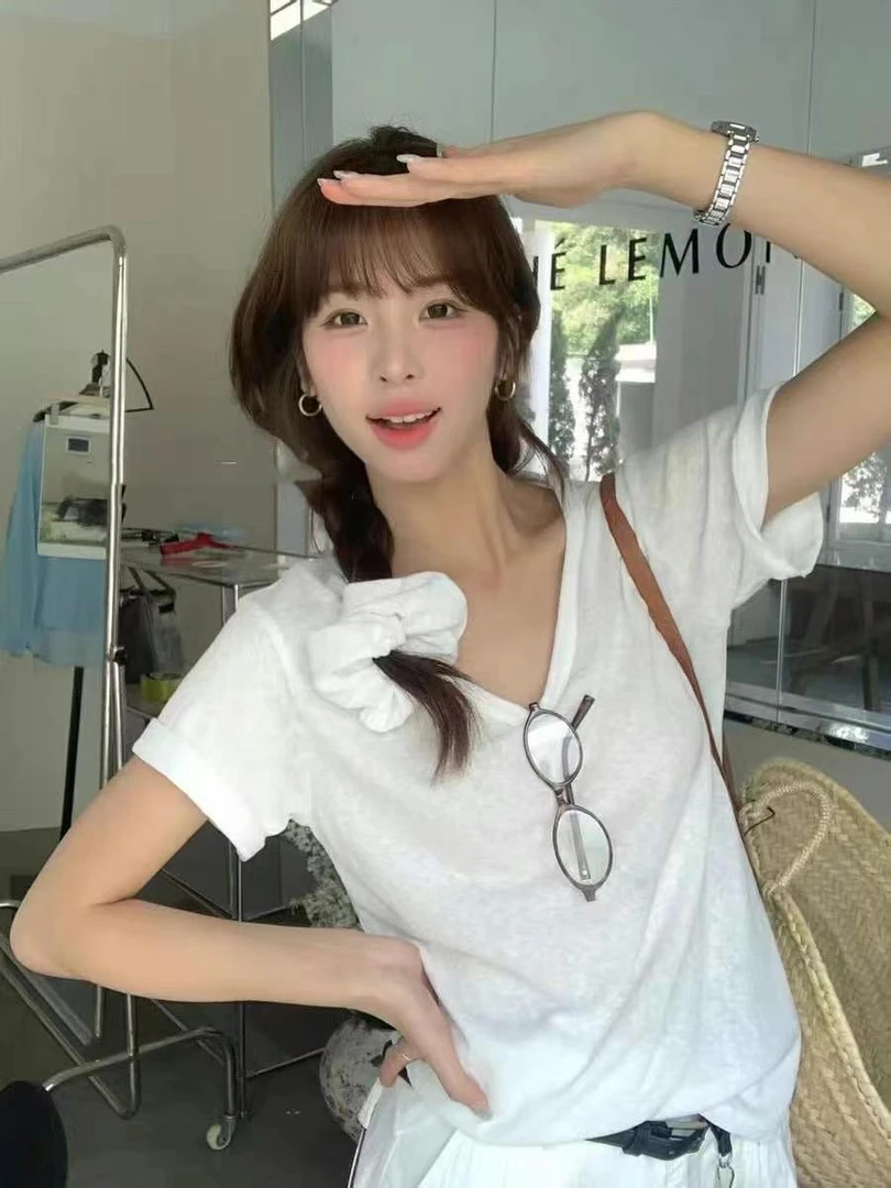 慵懒风轻职风吸汗短袖T恤宽松修身小众带发圈