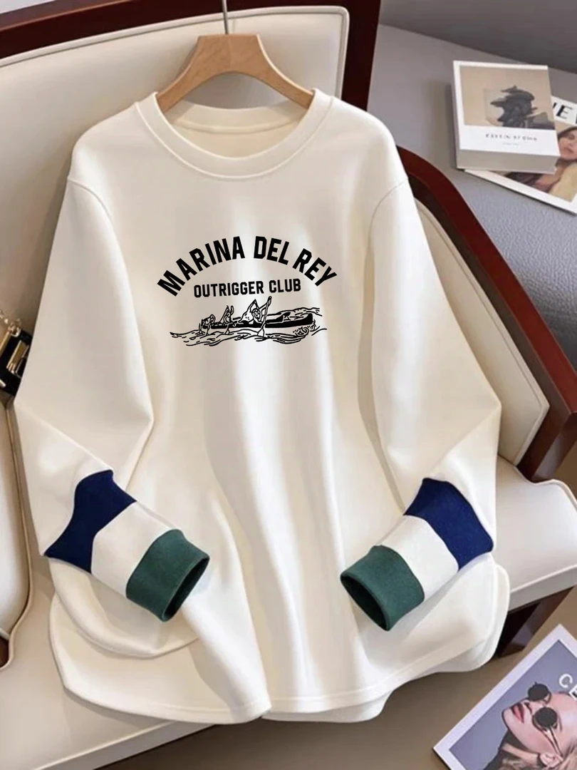 中长款白色圆领长袖打底衫女秋冬季T恤百搭拼接袖口宽松上衣外穿