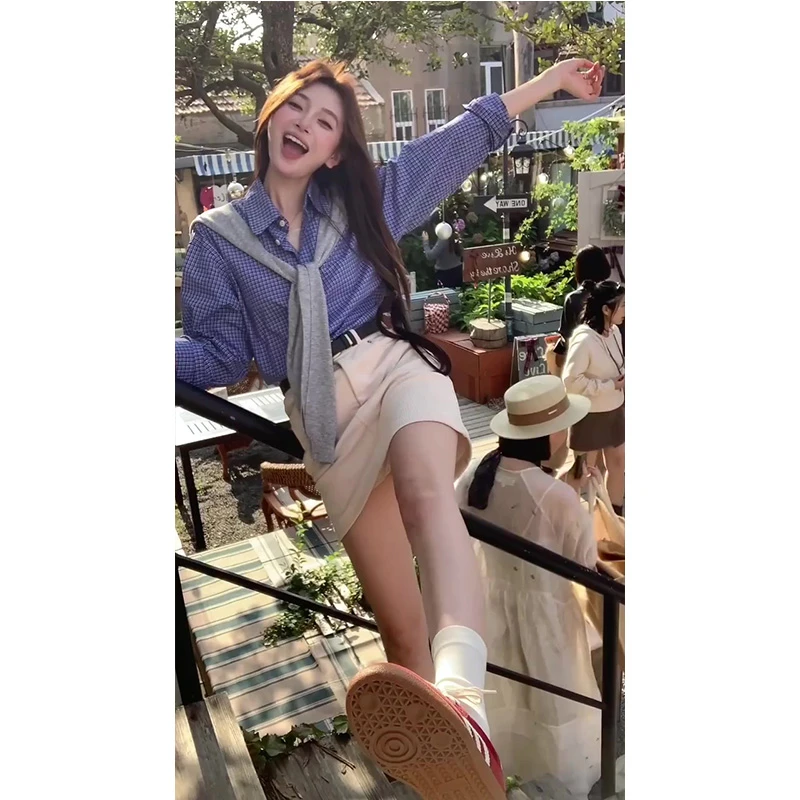 美式学院风蓝色格子衬衫女春季通勤内搭衬衣灰色披肩半身裙套装