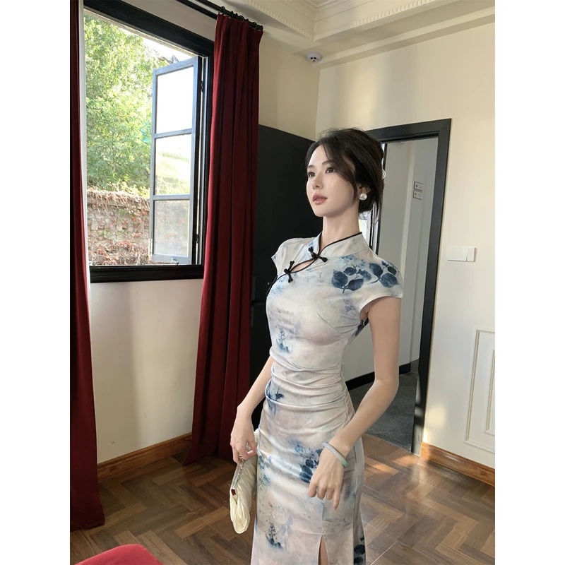 2025新款复古气质民国风改良旗袍盘口立领印花开叉褶皱连衣裙女夏