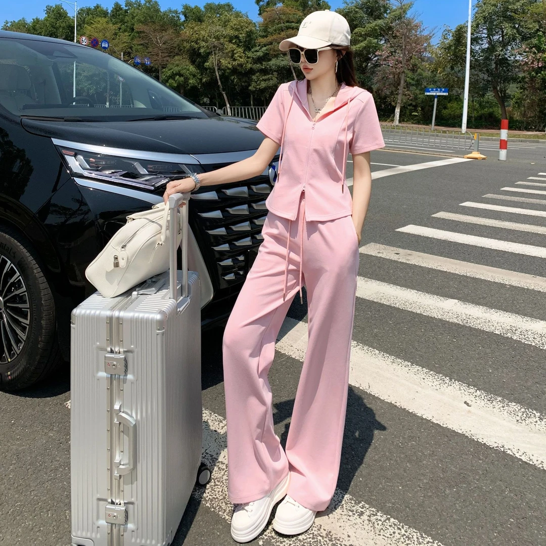 显瘦休闲套装女夏季小个子时尚减龄洋气连帽短袖阔腿裤运动两件套