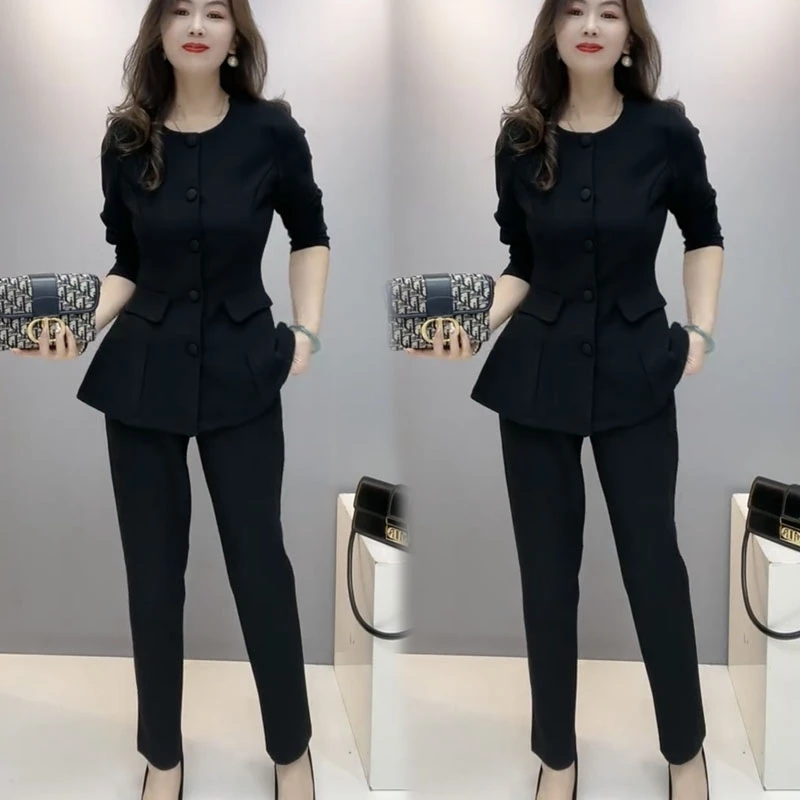 欧洲站黑色收腰西装外套女款2025新款单排扣显瘦气质小脚裤两件套