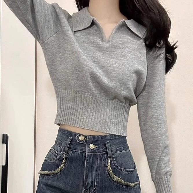 灰色POLO领针织打底衫女秋冬内搭收腰修身设计感小众别致绝美上衣