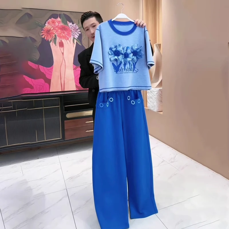 欧货休闲运动套装女夏季2025新款时尚洋气个性印花短袖两件套显瘦