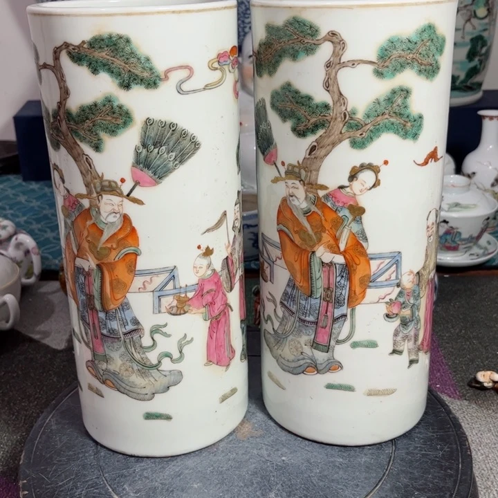 摆件粉彩三星帽筒一对