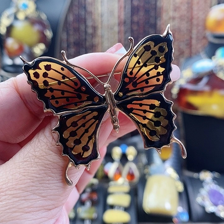 琥珀颈饰银S925镶嵌胸针款