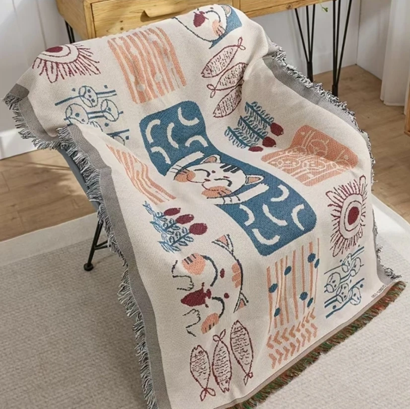 招财猫贵妃130*180cm汉麻加密加厚沙发巾沙发垫