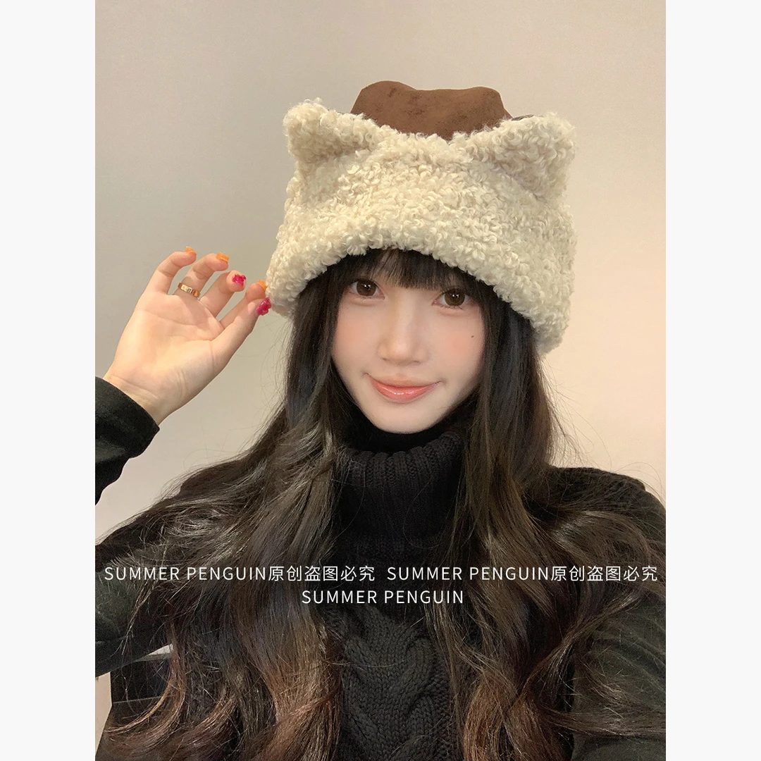SUMMER PENGUIN可爱猫耳朵套头帽女冬季显脸小渔夫帽护耳毛绒帽子
