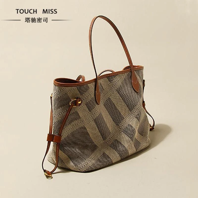 TOUCH MISS夏季轻奢时尚手提包托特帆布包大容量女包包条纹单肩包