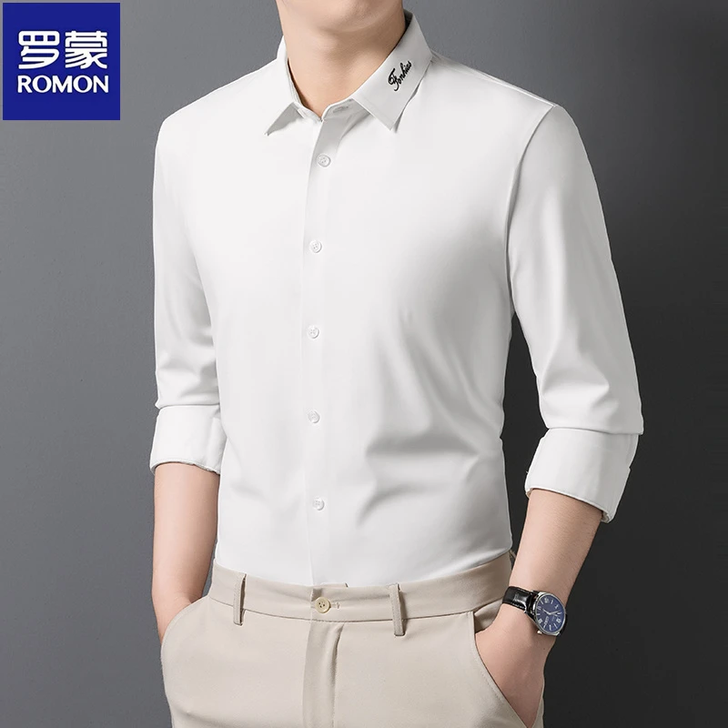 罗蒙春秋季男士长袖衬衫商务休闲纯色中年百搭时尚翻领职业衬衣男