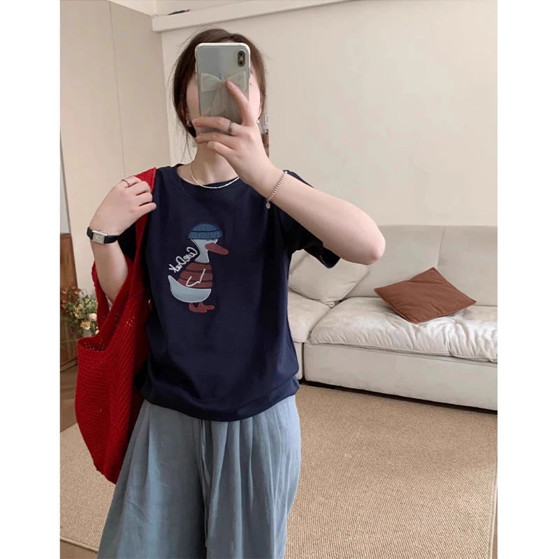 韩系卡通刺绣鸭子大码胖mm短袖t恤女宽松洋气显瘦内搭减龄上百搭