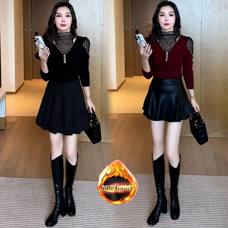 时尚套装女2025冬季新款洋气显瘦蕾丝拼接长袖打底衫半身裙两件套