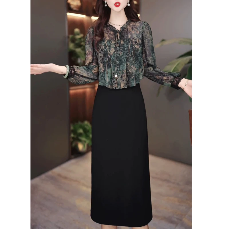 高档洋气假两件碎花连衣裙女中长款2025春装新款气质遮肉显瘦裙子