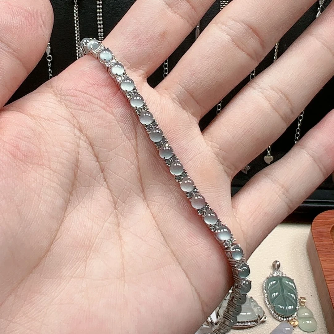 翡翠手链银S925镶嵌暖*`天然翡翠A货