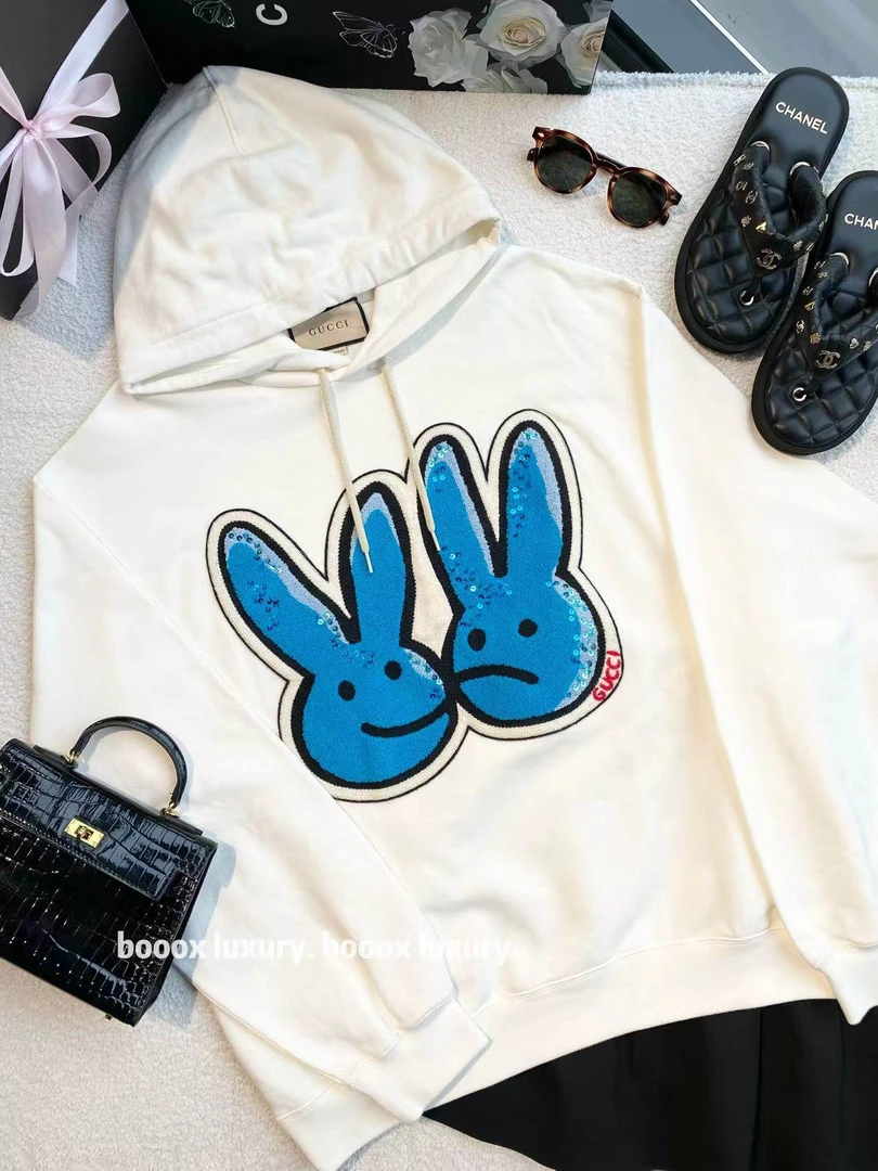 95新 GUCCI/古驰 bb2643 棉 23ss兔子植绒刺绣连帽卫衣 M码