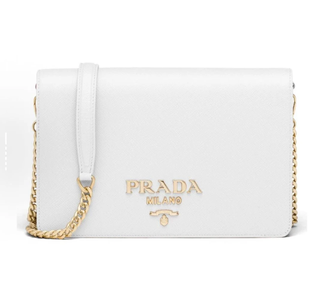 99新 Prada/普拉达 saffiano白色链条翻盖斜挎包 单肩包