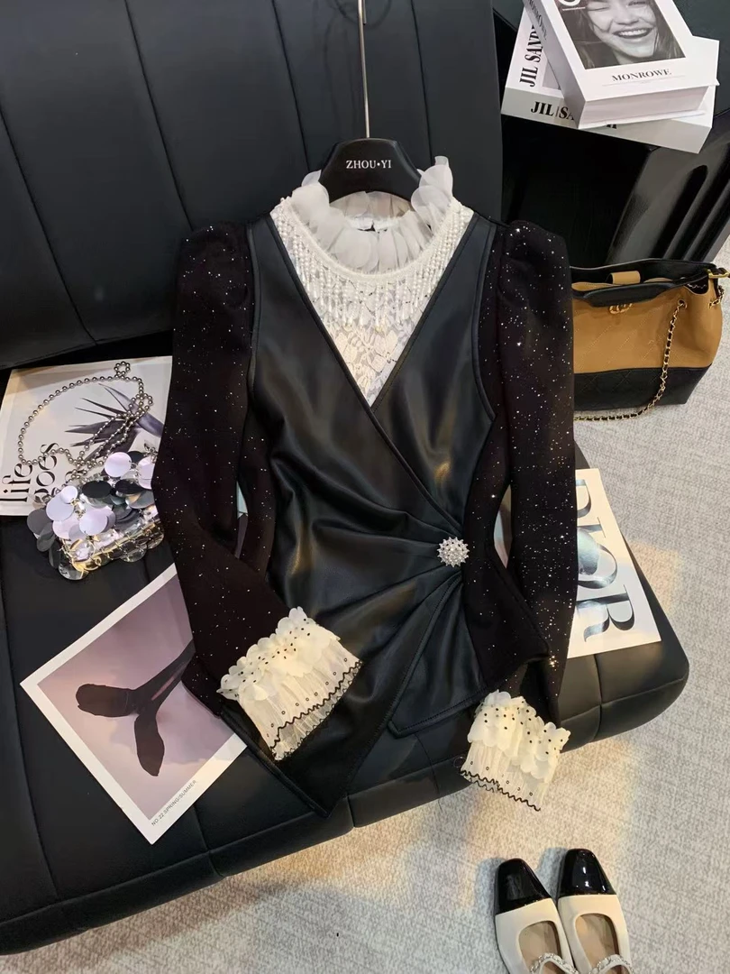 ZHOUYI/周一 2025冬季厚款黑色气质拼接针织衫上衣时尚轻奢假两件