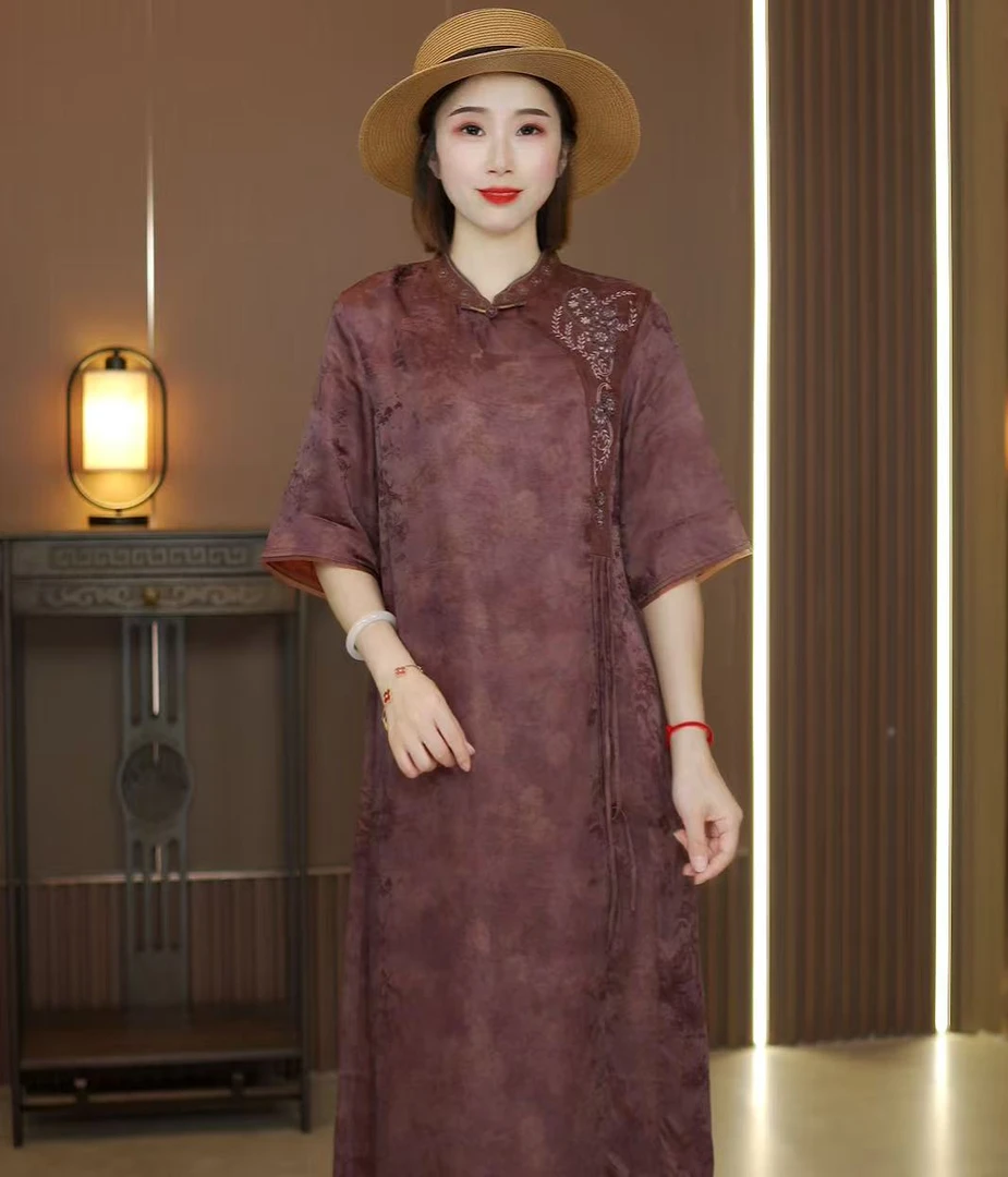 【月牙】新中式新款流苏绣花连衣裙A字宽松改良旗袍