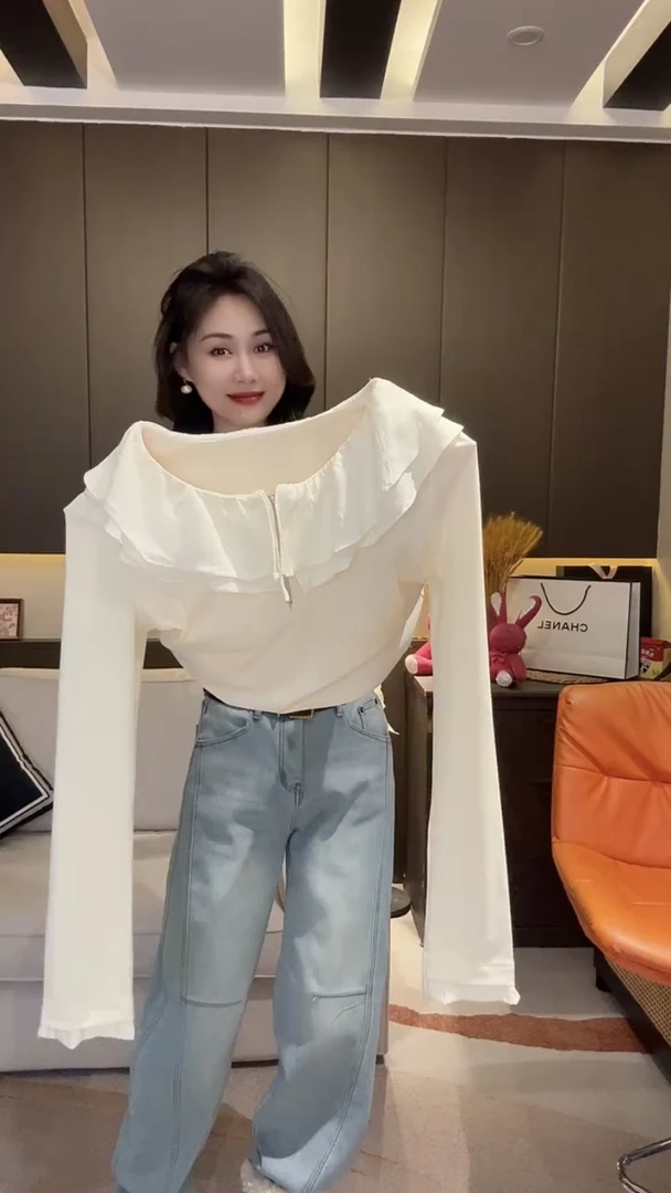 欧洲站2025秋冬拼接半拉链荷叶边t恤女洋气百搭减龄打底衫上衣ins