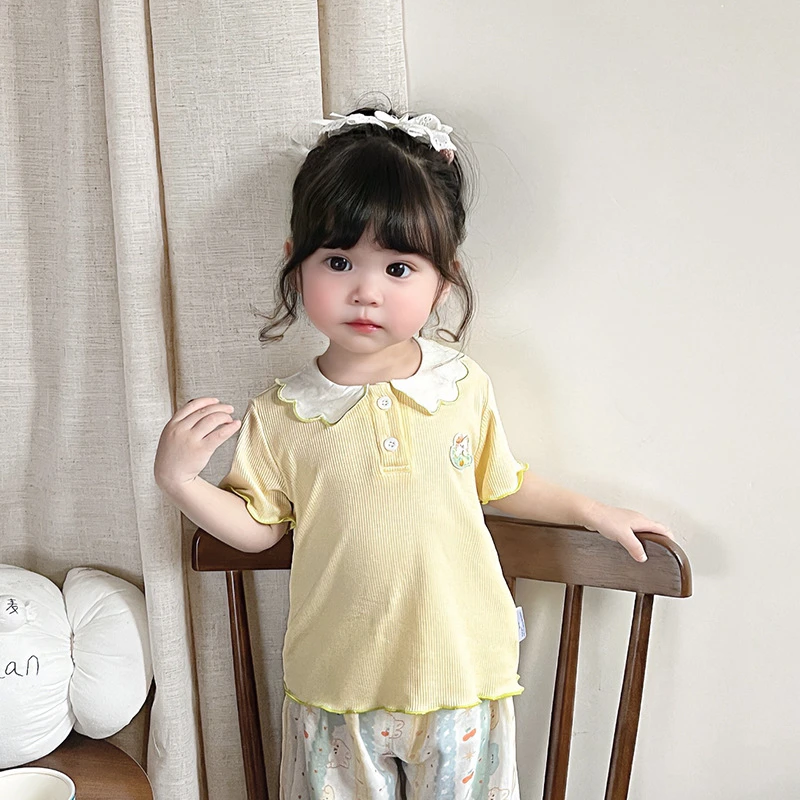 婴儿夏季薄款T恤女宝宝针织小衫百搭中小儿童短袖外穿上衣套装潮