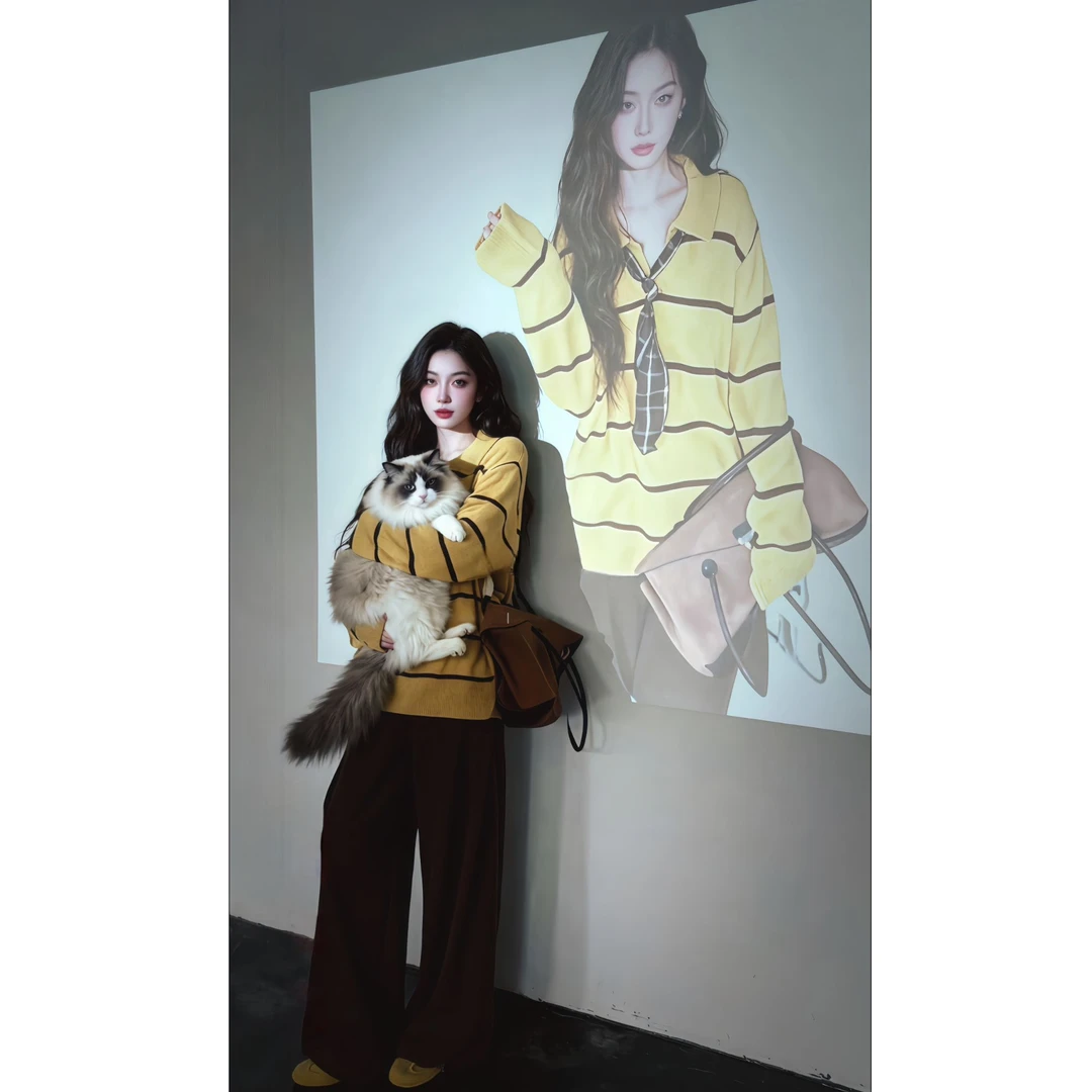 【现货+运险】2025秋韩系翻领条纹毛衣上衣高腰显瘦阔腿长裤X11273