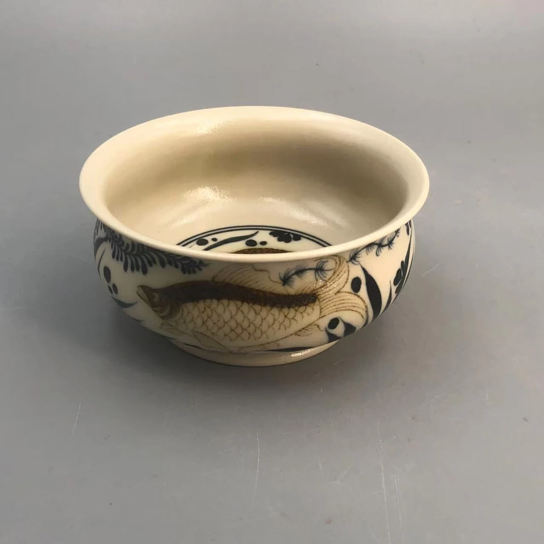 【景德镇瓷器】占春生窑 釉里金鱼藻炉式杯 陶瓷 yzlg0359