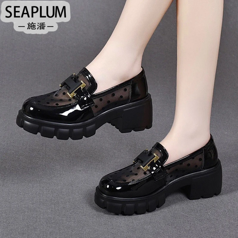 SEAPLUM女鞋新款2025新款网面时尚真皮百搭厚底松糕单鞋一脚蹬
