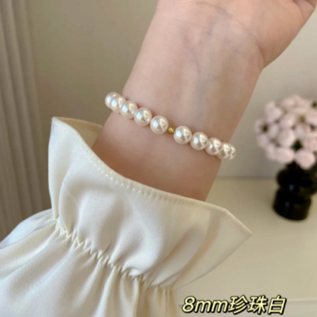 钛钢仿珍珠手链 8mm正圆极光珍珠白手串奥地利进口施家珍珠手链