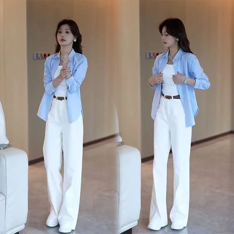 2025春夏新款小个子干练气质宽松休闲蓝色衬衫直筒休闲裤减龄套装