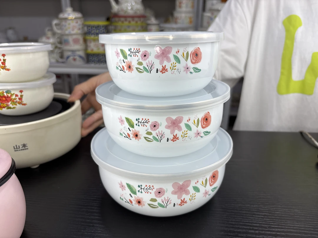 家用12-14-16珐琅搪瓷带盖冰碗调料碗保鲜碗怀旧米饭辅食碗可爱