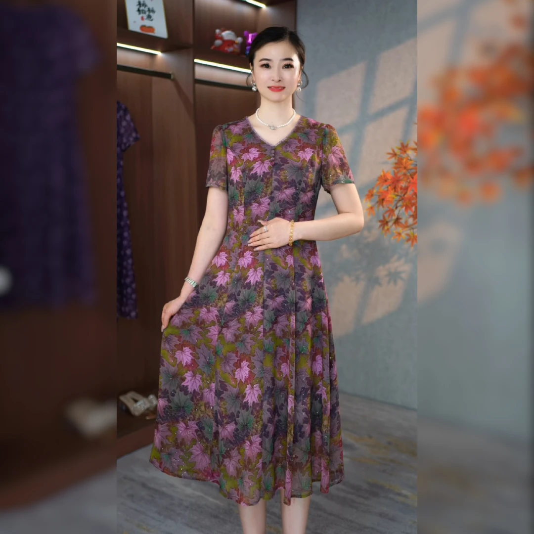 2025夏季新款短袖时尚妈妈装时尚洋气显瘦连衣裙优雅修身气质