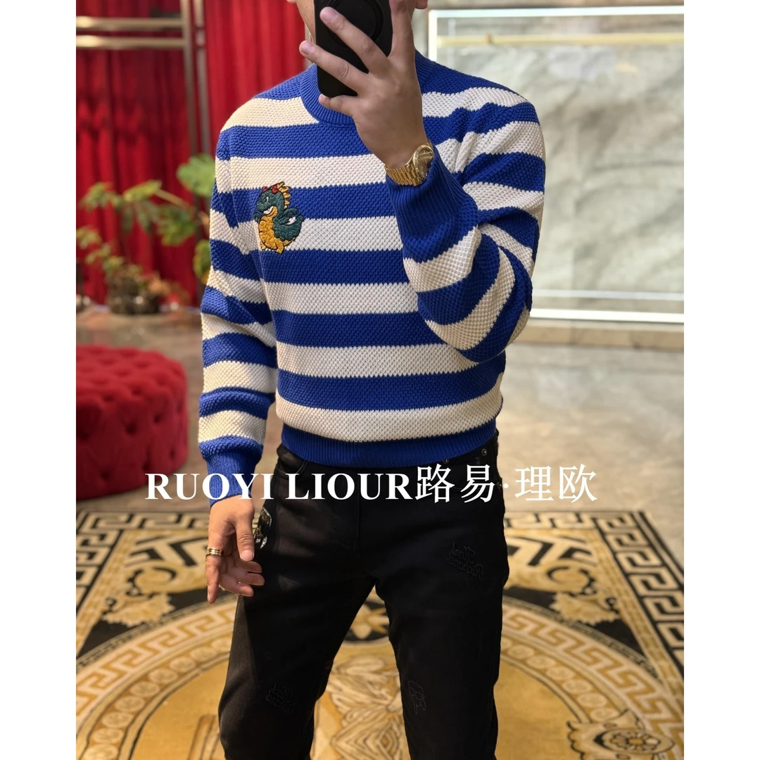 【路易理欧】潮流男欧货时尚轻奢条纹小恐龙加厚针织衫202407