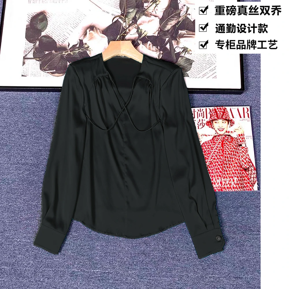 重磅真丝双乔极简减龄显瘦交叉V领长袖桑蚕丝衬衫上衣ZKB93黑色