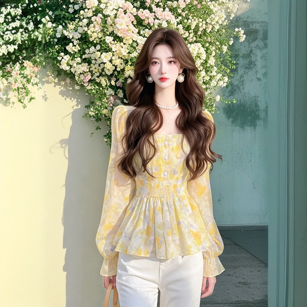 法式爆款黄色碎花衬衫女2025夏季新款小个子洋气时尚减龄收腰衬衣